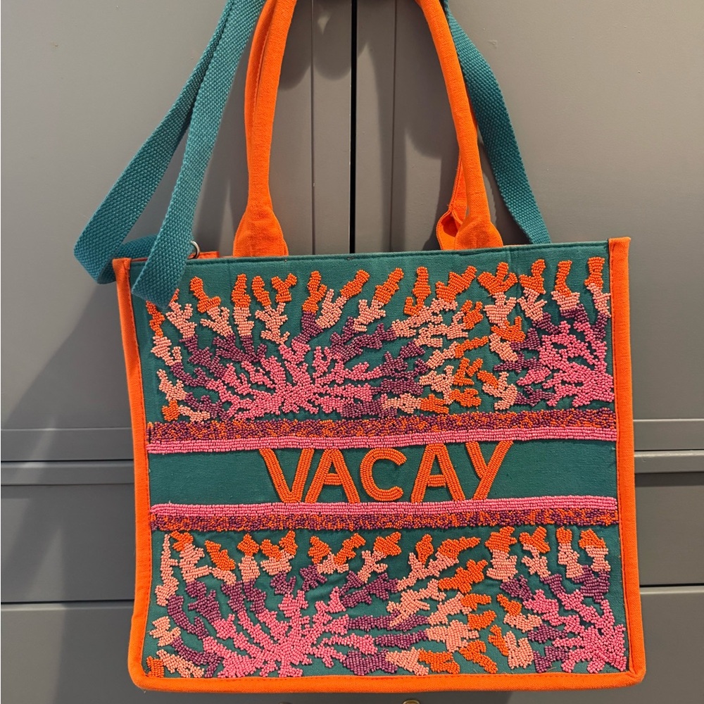 Embroidered Tote Bag - Orange, Pink, and Teal